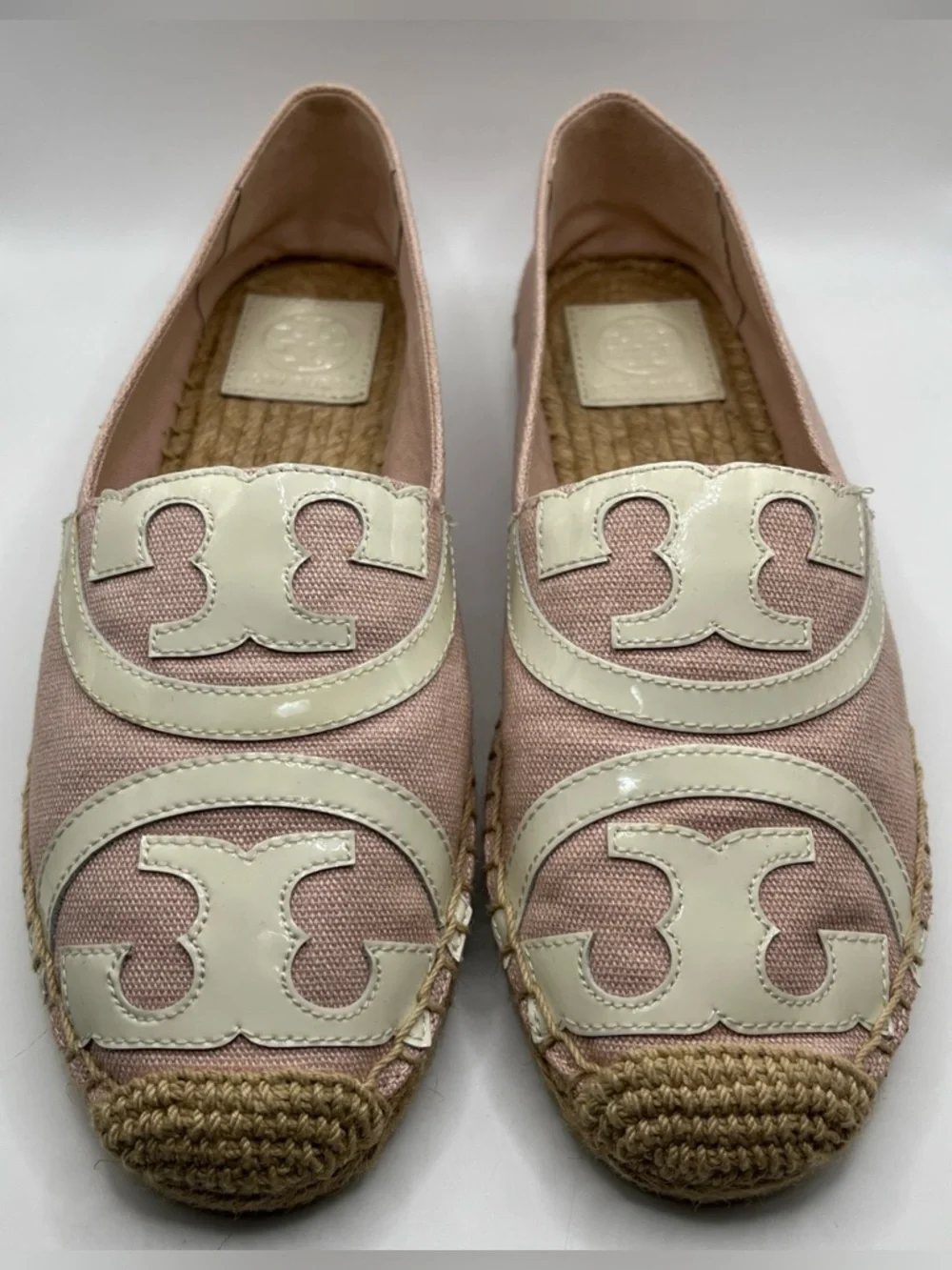 Tory Burch Ines Espadrille Poppy Pink Canvas Patent Leather Logo Flats Womens 7M